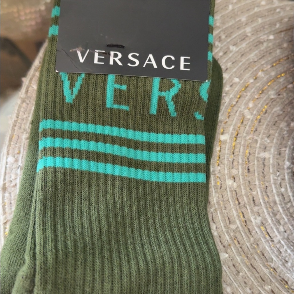 UNISEX Versace Green Casual Socks with Ribbed Knit and Stripes